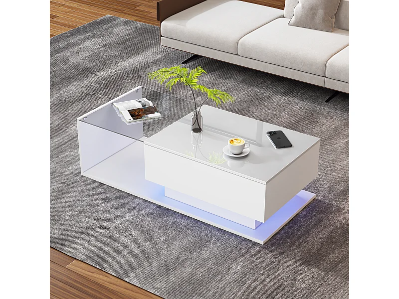 Table basse haute brillance blanche avec plateau en verre et tiroir, 100x50x32 cm, avec éclairage LED, design moderne
