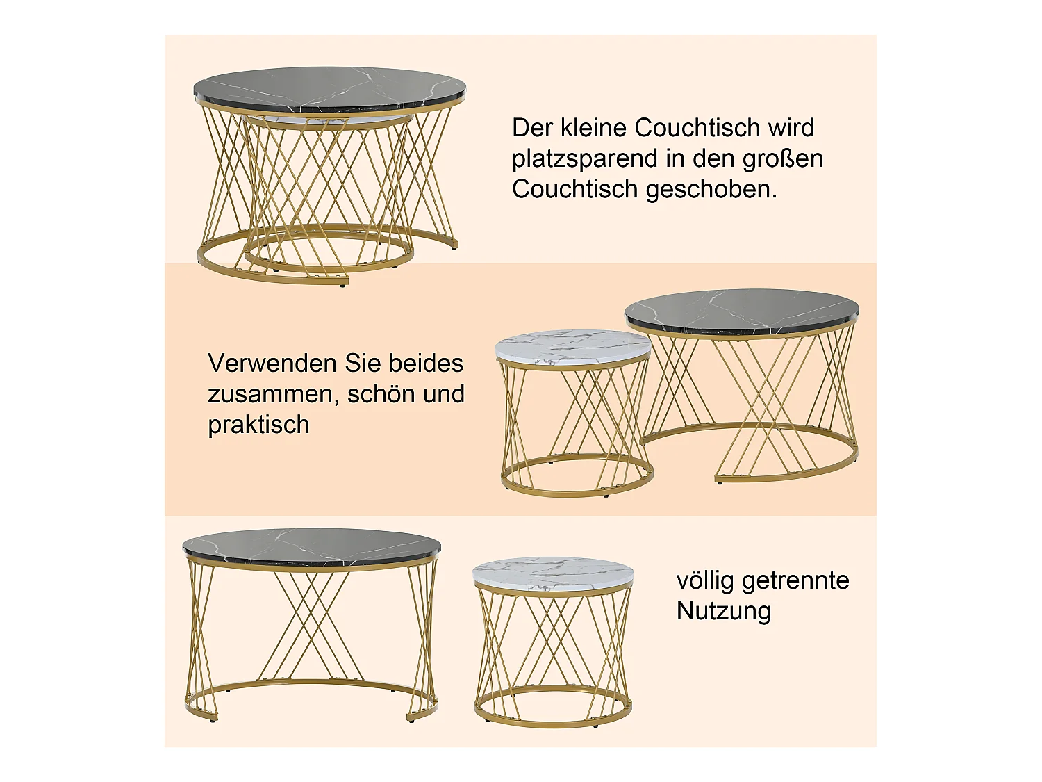 Table Basse Empilable Moderne, Set de 2 Tables Rondes, Finition Imite Marbre, Cadre Métallique Doré, Table d'appoint pour Salon, Bureau