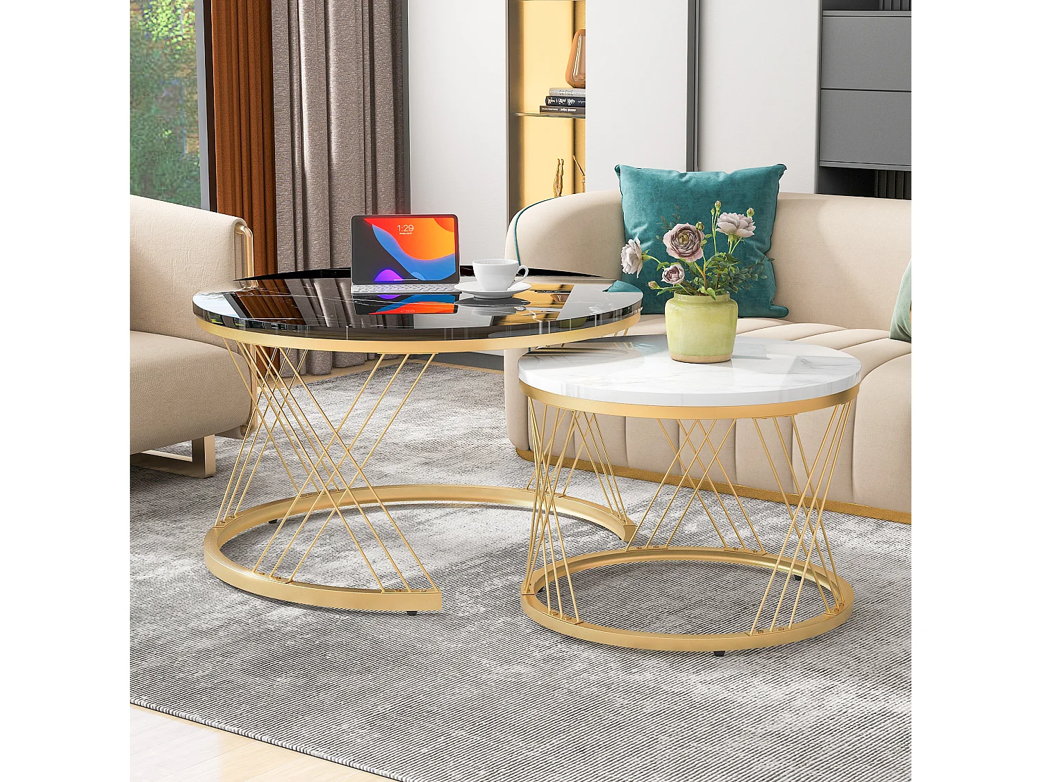 Table Basse Empilable Moderne, Set de 2 Tables Rondes, Finition Imite Marbre, Cadre Métallique Doré, Table d'appoint pour Salon, Bureau