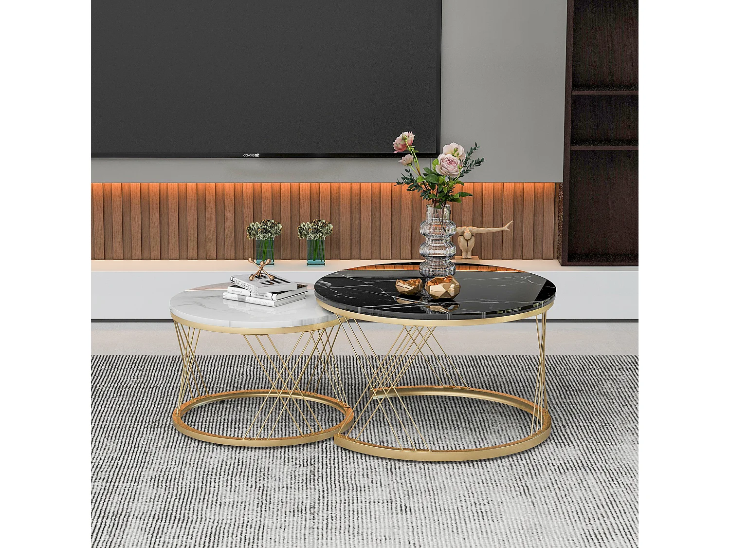 Table Basse Empilable Moderne, Set de 2 Tables Rondes, Finition Imite Marbre, Cadre Métallique Doré, Table d'appoint pour Salon, Bureau