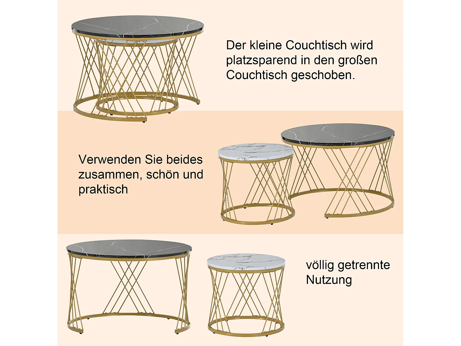 Table Basse Empilable Moderne, Set de 2 Tables Rondes, Finition Imite Marbre, Cadre Métallique Doré, Table d'appoint pour Salon, Bureau