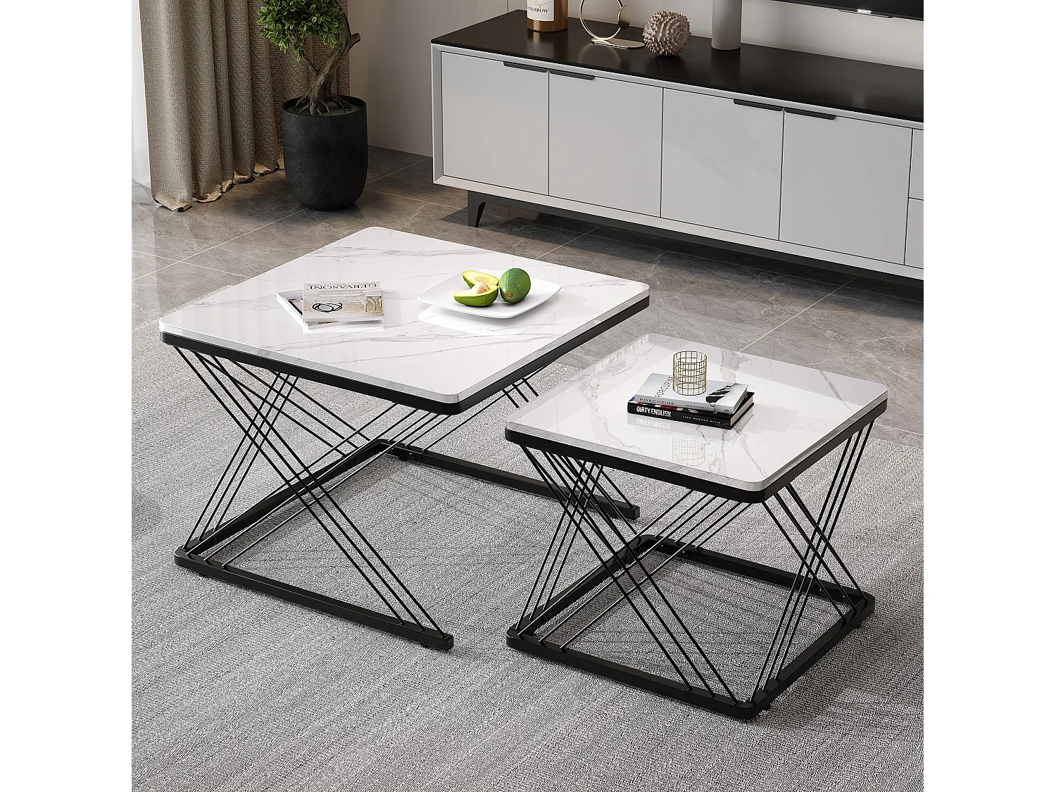 Ensemble de tables basses modernes, 2 tables carrées avec finition marbre haute brillance, 60x60x45 cm et 45x45x40 cm, pieds réglables en hauteur