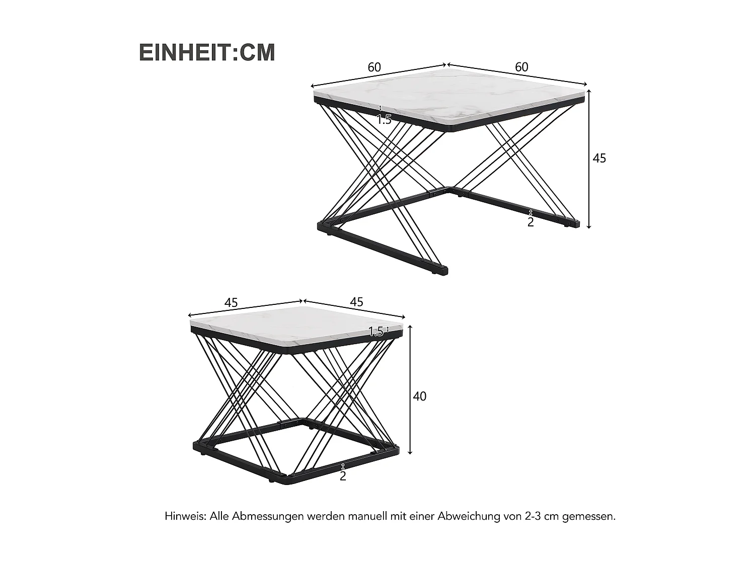 Ensemble de tables basses modernes, 2 tables carrées avec finition marbre haute brillance, 60x60x45 cm et 45x45x40 cm, pieds réglables en hauteur