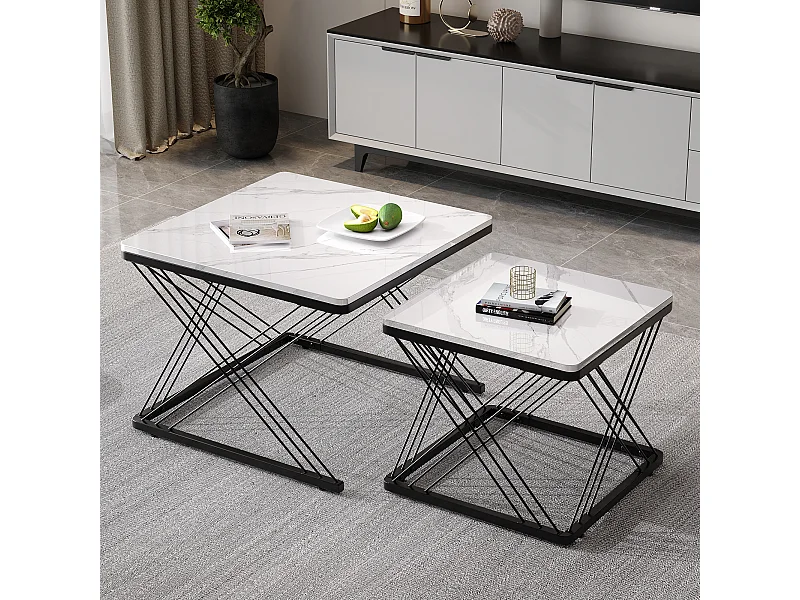 Ensemble de tables basses modernes, 2 tables carrées avec finition marbre haute brillance, 60x60x45 cm et 45x45x40 cm, pieds réglables en hauteur