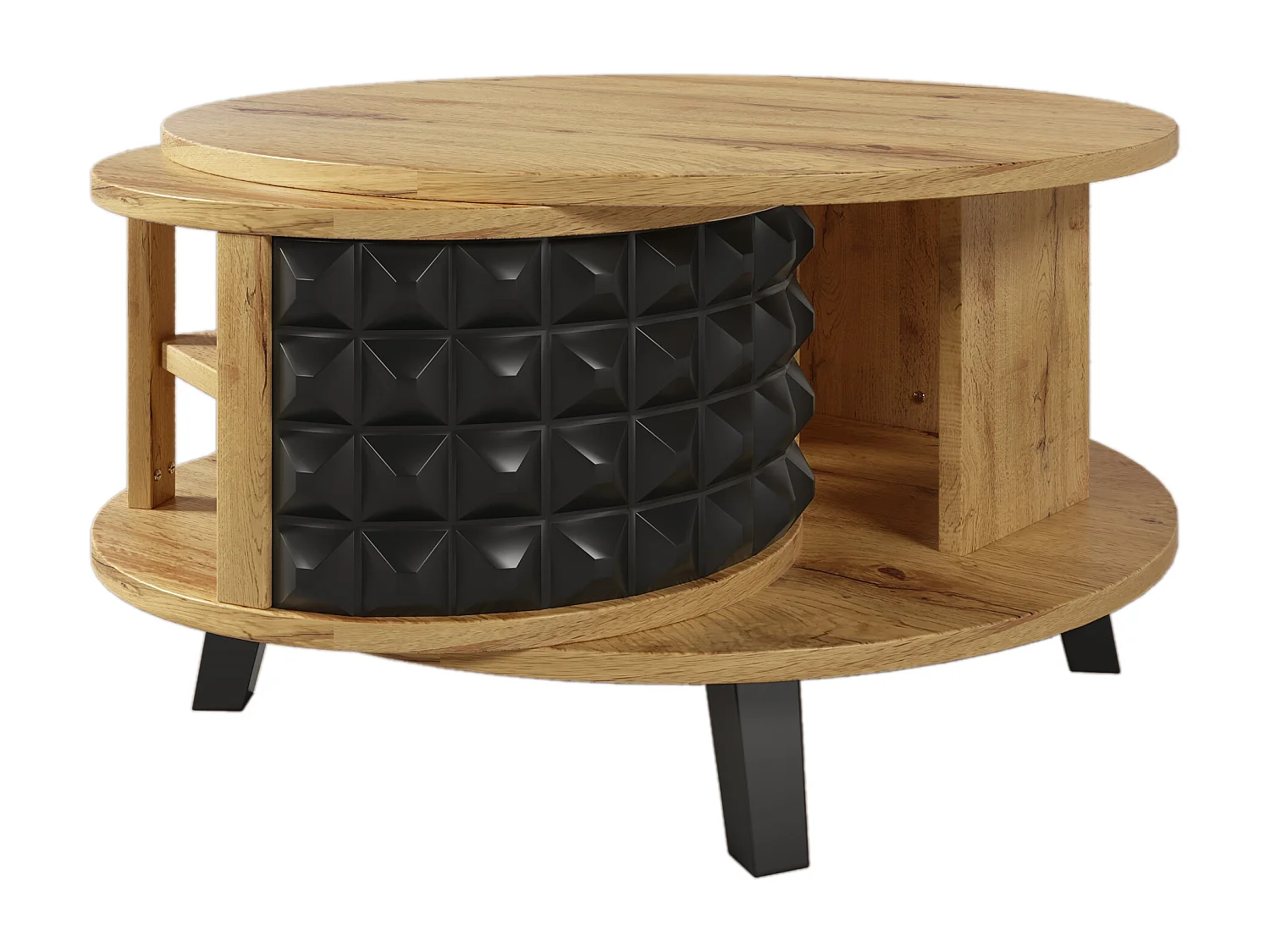 Table basse pivotante moderne avec rangement caché, design bicolore bois et noir