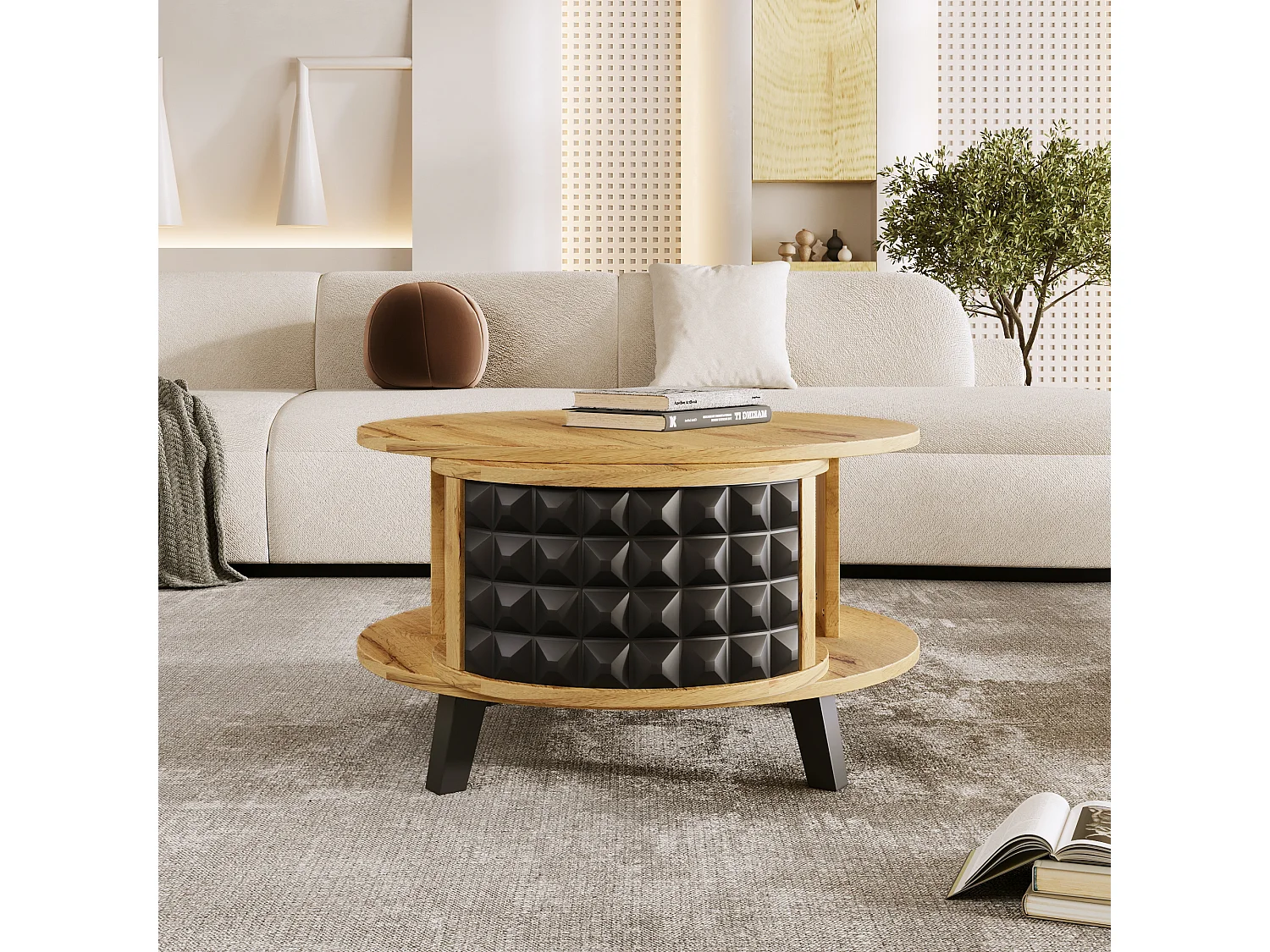 Table basse pivotante moderne avec rangement caché, design bicolore bois et noir