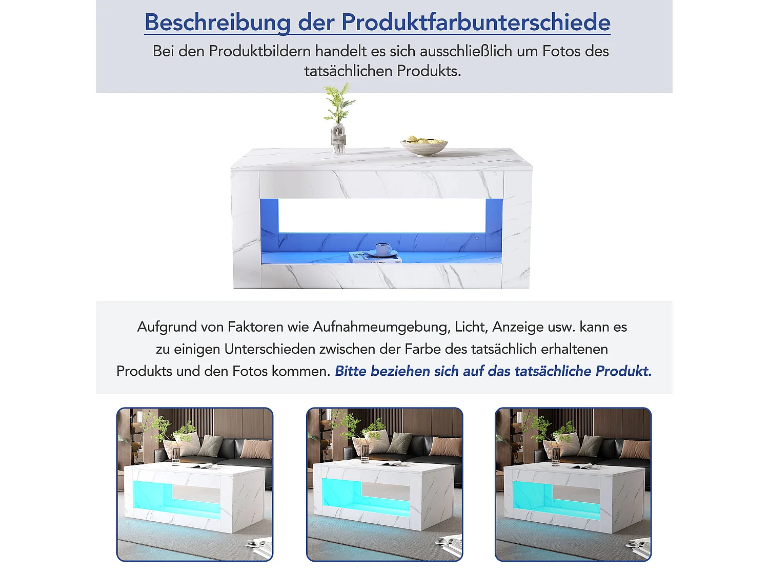 Table basse LED moderne avec design marbré, table de salon haut de gamme avec télécommande et espace de rangement, 100x50x50 cm, blanc brillant