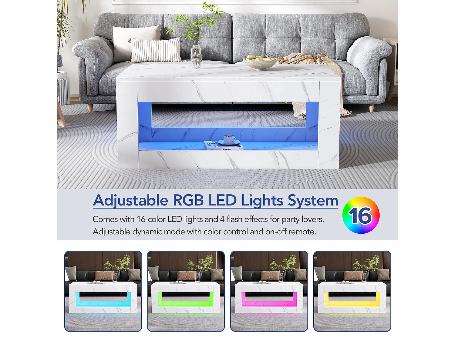 Table basse LED moderne avec design marbré, table de salon haut de gamme avec télécommande et espace de rangement, 100x50x50 cm, blanc brillant