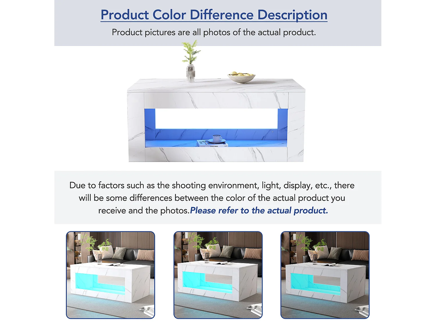 Table basse LED moderne avec design marbré, table de salon haut de gamme avec télécommande et espace de rangement, 100x50x50 cm, blanc brillant