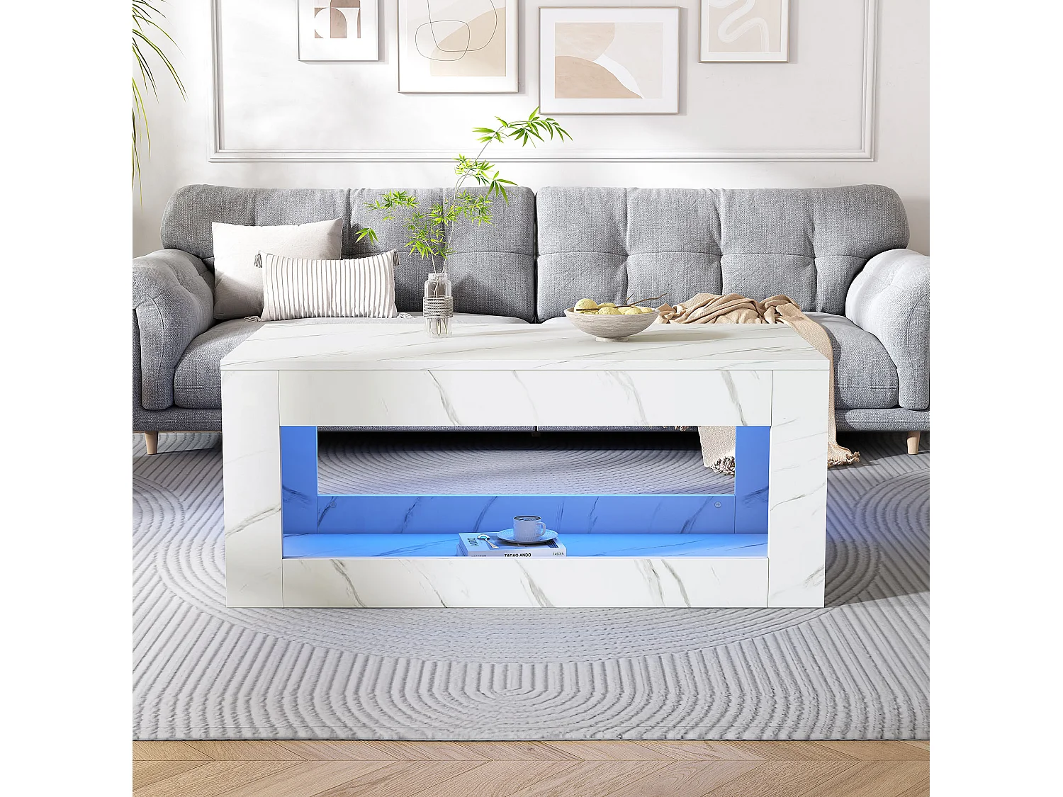 Table basse LED moderne avec design marbré, table de salon haut de gamme avec télécommande et espace de rangement, 100x50x50 cm, blanc brillant