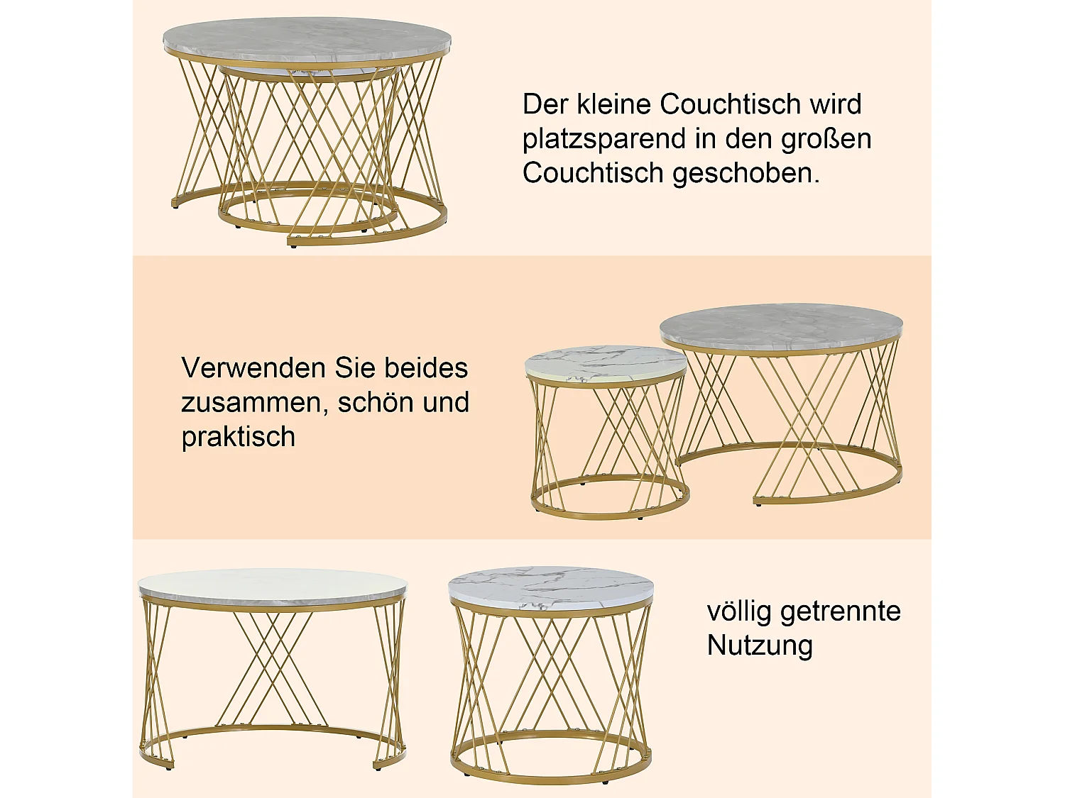 Table Basse Moderne Empilable – Set de 2 Tables Rondes avec Revêtement en Vinyle Marbré, Structure en Métal Doré, Pour Salon et Espaces Réduits