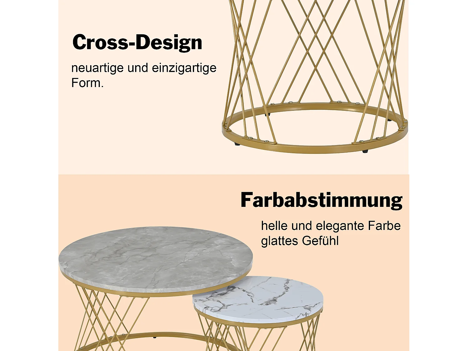 Table Basse Moderne Empilable – Set de 2 Tables Rondes avec Revêtement en Vinyle Marbré, Structure en Métal Doré, Pour Salon et Espaces Réduits