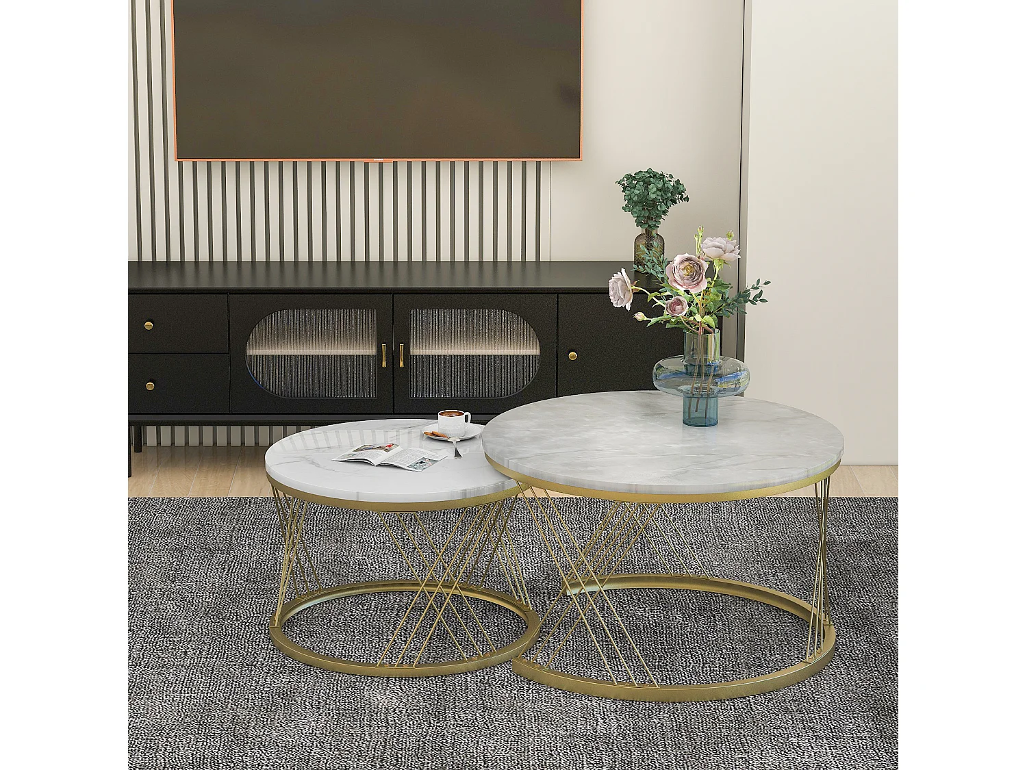 Table Basse Moderne Empilable – Set de 2 Tables Rondes avec Revêtement en Vinyle Marbré, Structure en Métal Doré, Pour Salon et Espaces Réduits