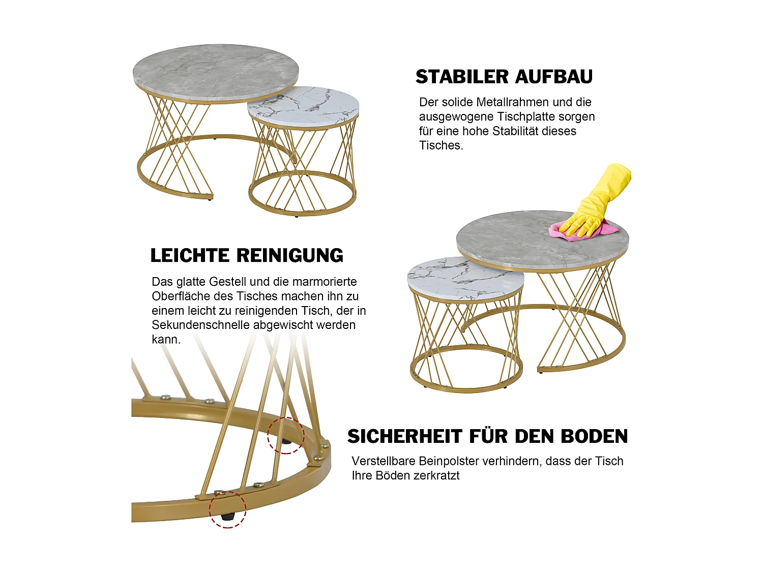 Table Basse Moderne Empilable – Set de 2 Tables Rondes avec Revêtement en Vinyle Marbré, Structure en Métal Doré, Pour Salon et Espaces Réduits