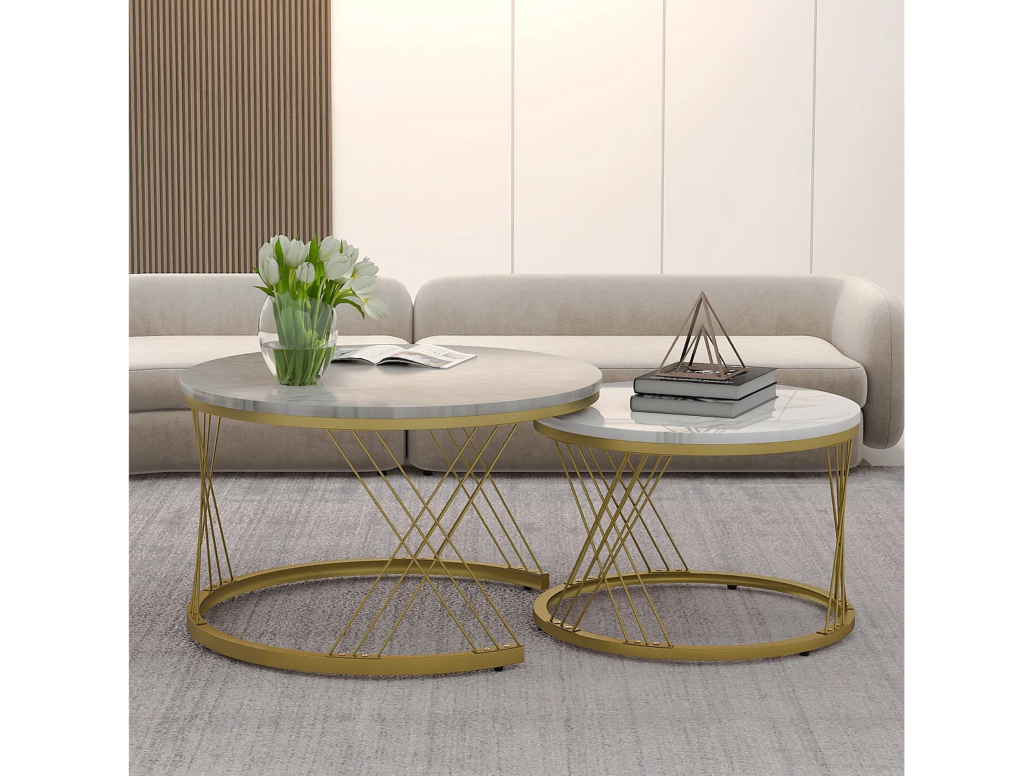 Table Basse Moderne Empilable – Set de 2 Tables Rondes avec Revêtement en Vinyle Marbré, Structure en Métal Doré, Pour Salon et Espaces Réduits