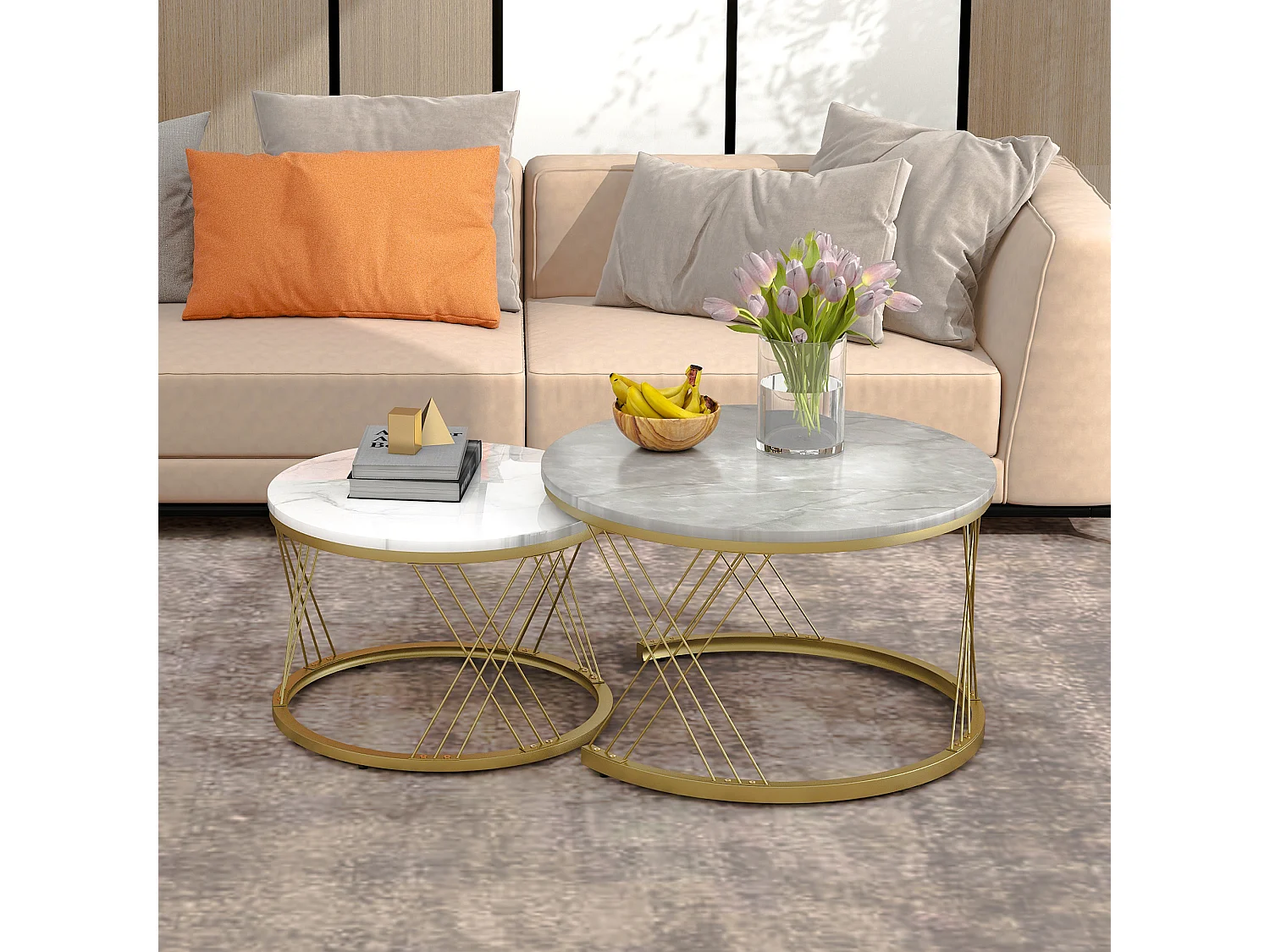 Table Basse Moderne Empilable – Set de 2 Tables Rondes avec Revêtement en Vinyle Marbré, Structure en Métal Doré, Pour Salon et Espaces Réduits