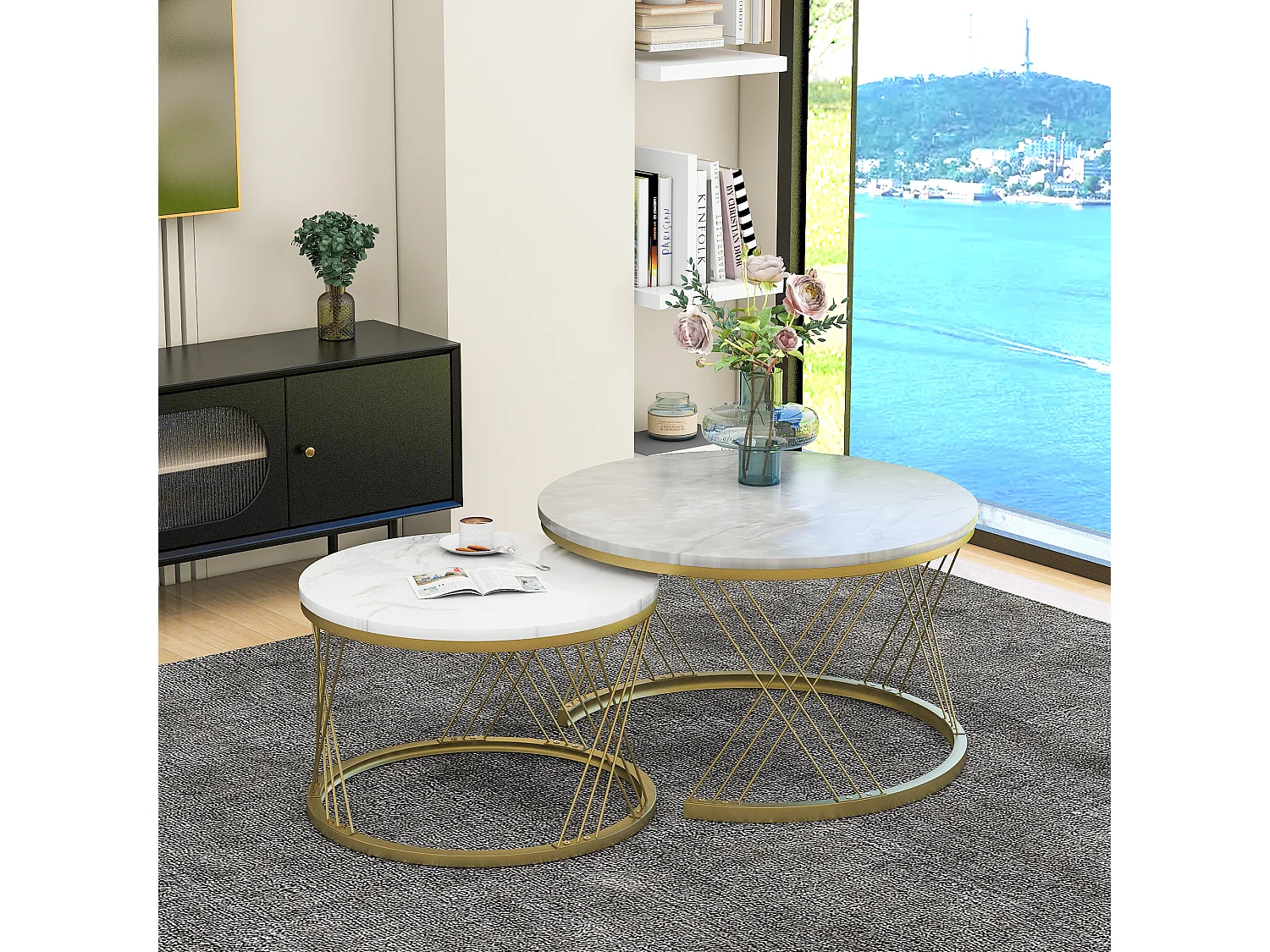 Table Basse Moderne Empilable – Set de 2 Tables Rondes avec Revêtement en Vinyle Marbré, Structure en Métal Doré, Pour Salon et Espaces Réduits