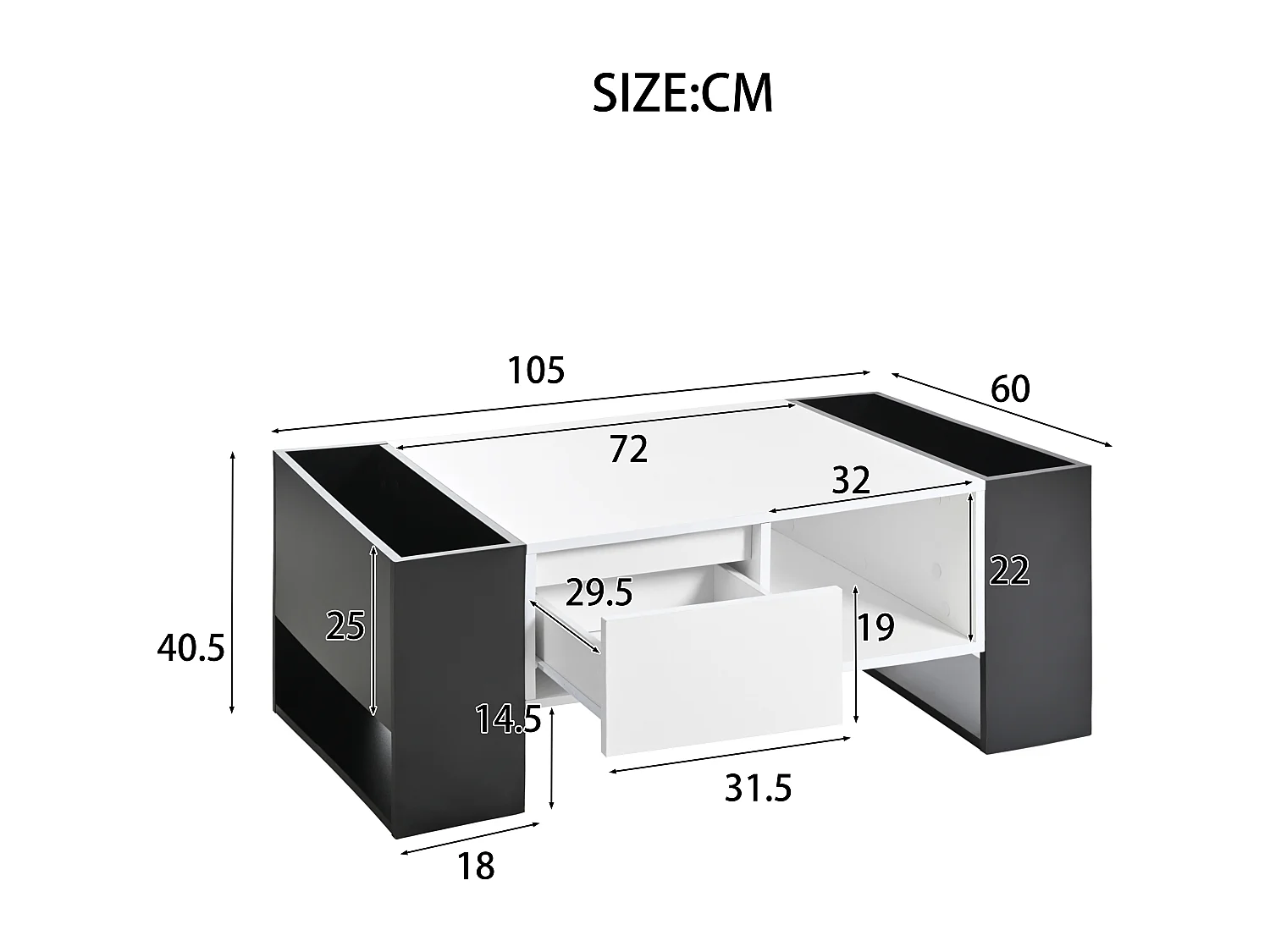 Table Basse Moderne 105 x 60 x 40,5 cm – Design Noir et Blanc avec Surface Haute Brillance, Tiroir et 4 Compartiments Ouverts