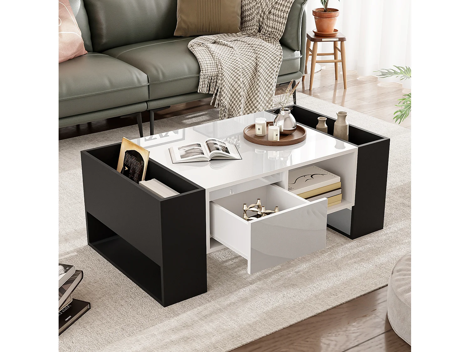 Table Basse Moderne 105 x 60 x 40,5 cm – Design Noir et Blanc avec Surface Haute Brillance, Tiroir et 4 Compartiments Ouverts