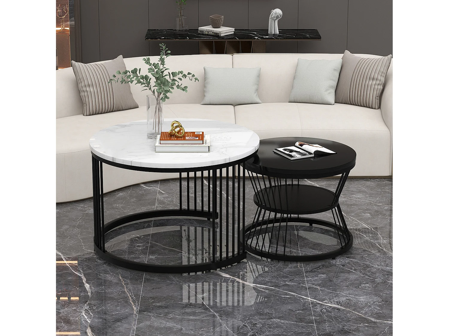 Table basse moderne empilable avec plateau en MDF à effet marbré, cadre noir, ensemble de 2 tables basses, design élégant et pratique pour salon