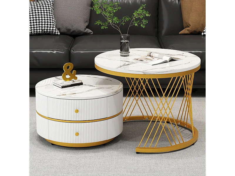 Ensemble de tables basses rondes modernes en nid d'abeille, 2 pièces, finition marbre haute brillance, avec 2 tiroirs,60*60*46cm & 50*50*30.8cm