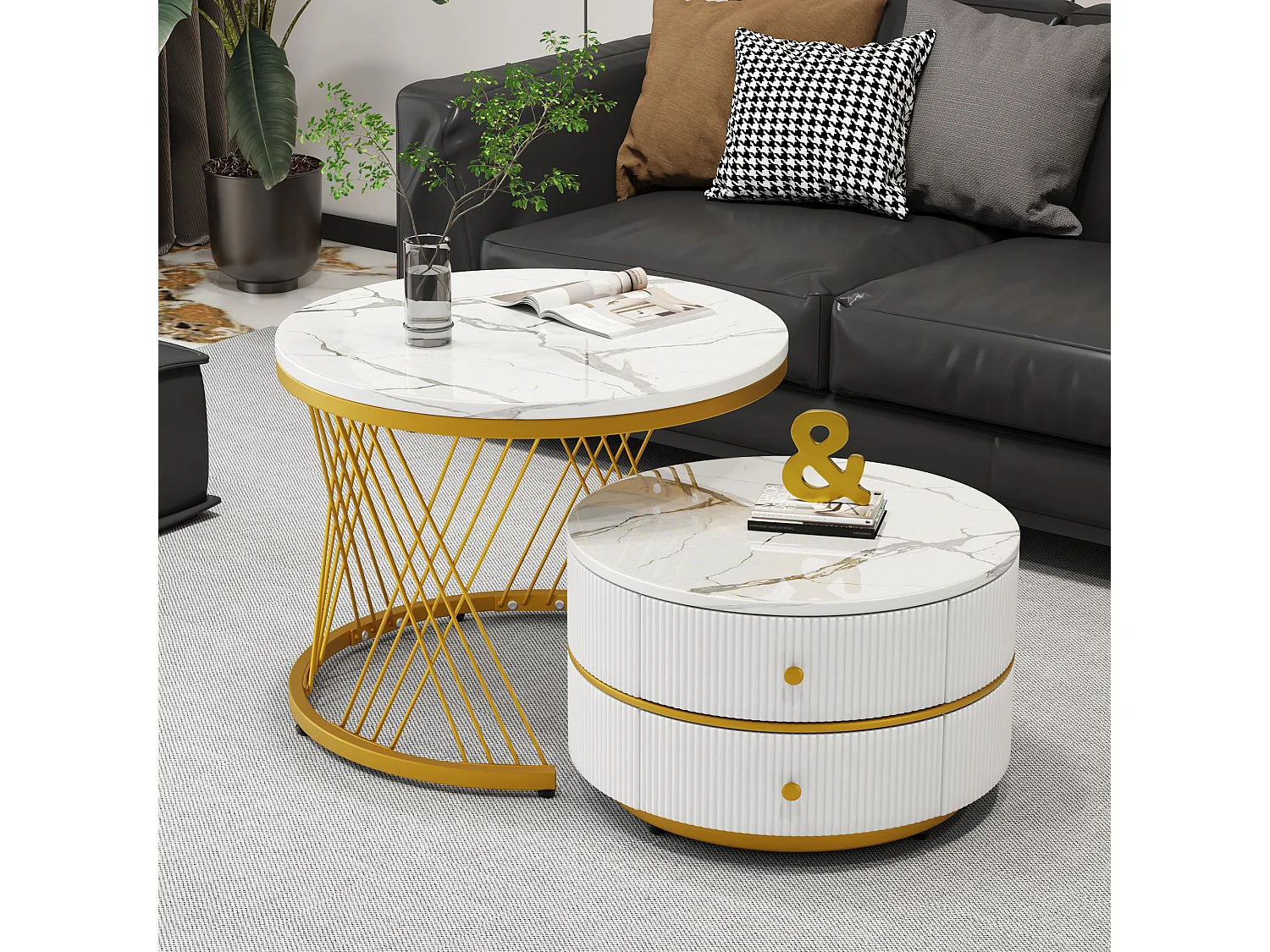 Ensemble de tables basses rondes modernes en nid d'abeille, 2 pièces, finition marbre haute brillance, avec 2 tiroirs,60*60*46cm & 50*50*30.8cm