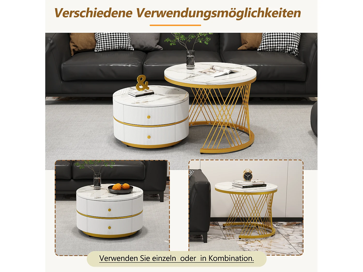 Ensemble de tables basses rondes modernes en nid d'abeille, 2 pièces, finition marbre haute brillance, avec 2 tiroirs,60*60*46cm & 50*50*30.8cm