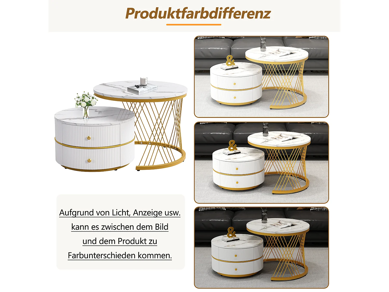 Ensemble de tables basses rondes modernes en nid d'abeille, 2 pièces, finition marbre haute brillance, avec 2 tiroirs,60*60*46cm & 50*50*30.8cm