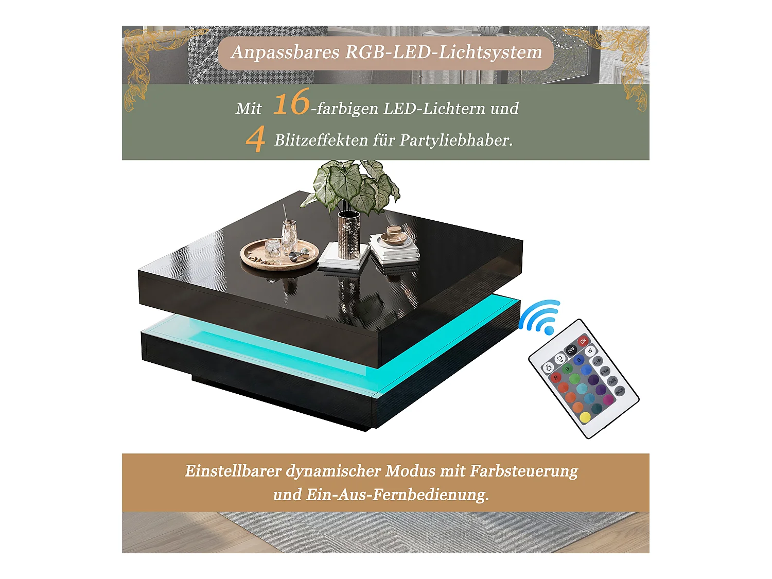 Table basse carrée noire avec éclairage LED 16 couleurs, design moderne et technologique, 70x70x36 cm