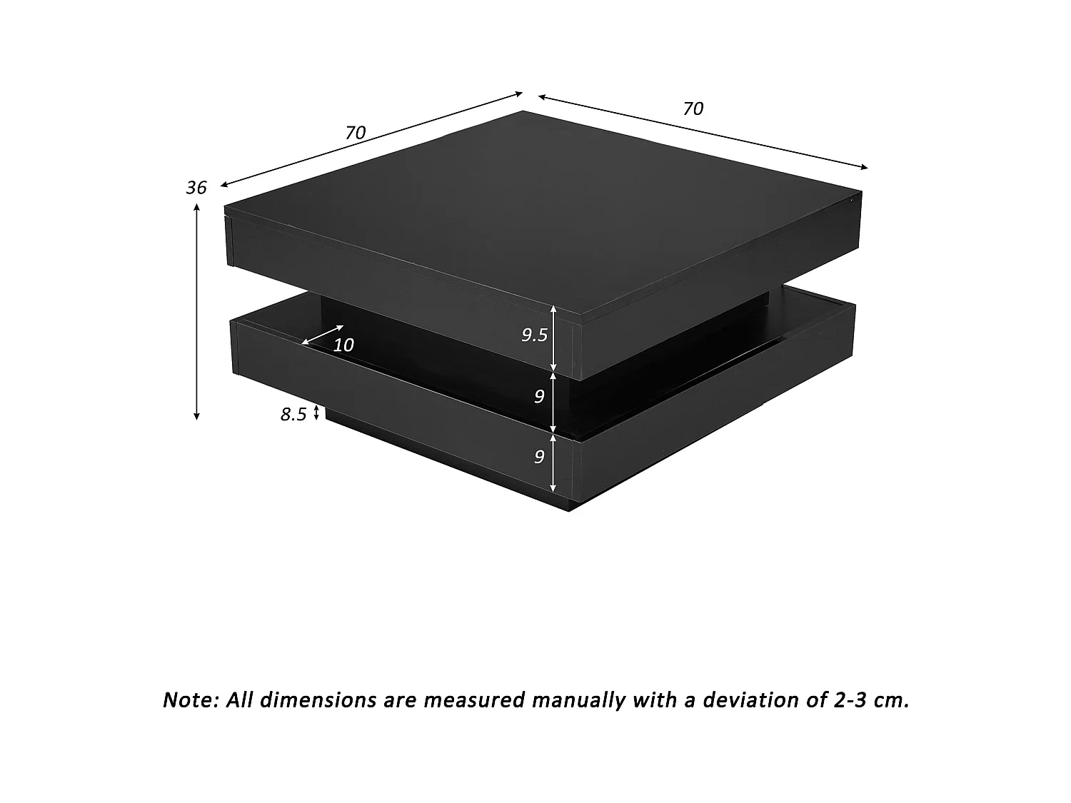 Table basse carrée noire avec éclairage LED 16 couleurs, design moderne et technologique, 70x70x36 cm