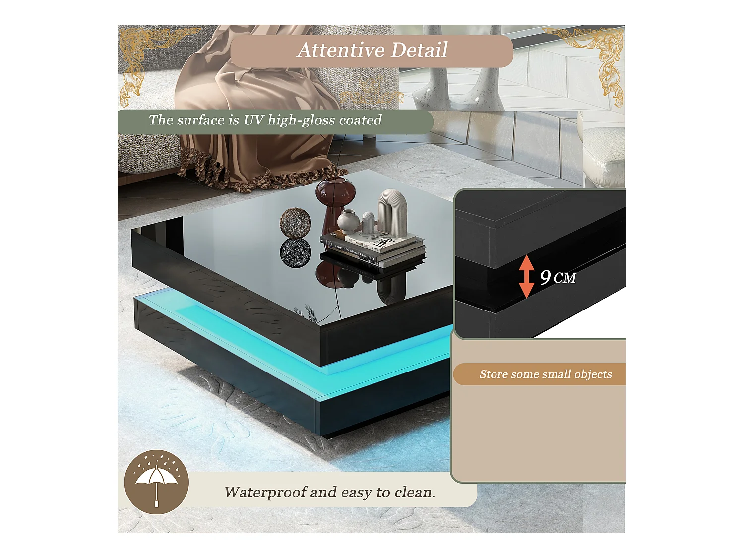 Table basse carrée noire avec éclairage LED 16 couleurs, design moderne et technologique, 70x70x36 cm