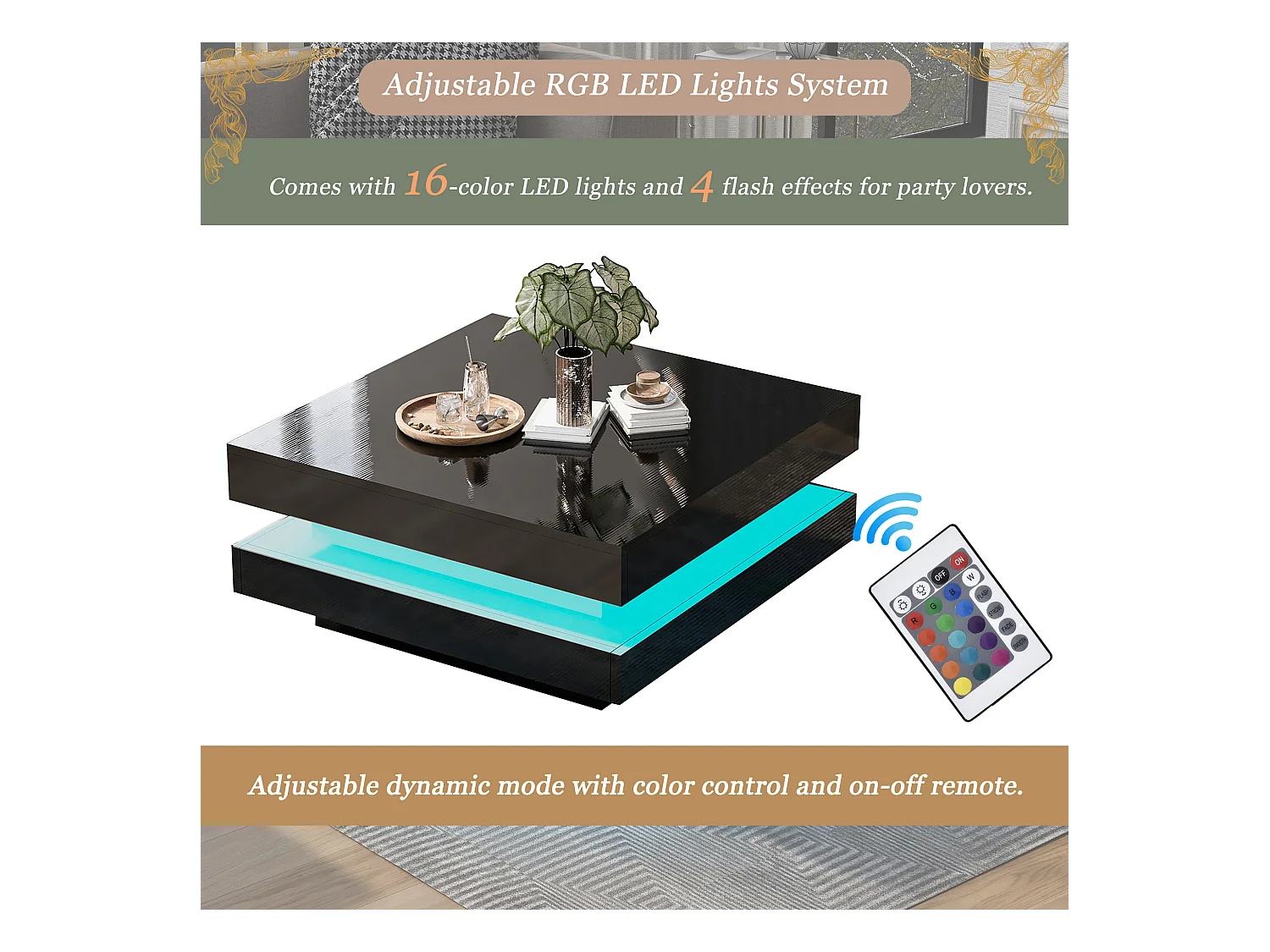 Table basse carrée noire avec éclairage LED 16 couleurs, design moderne et technologique, 70x70x36 cm