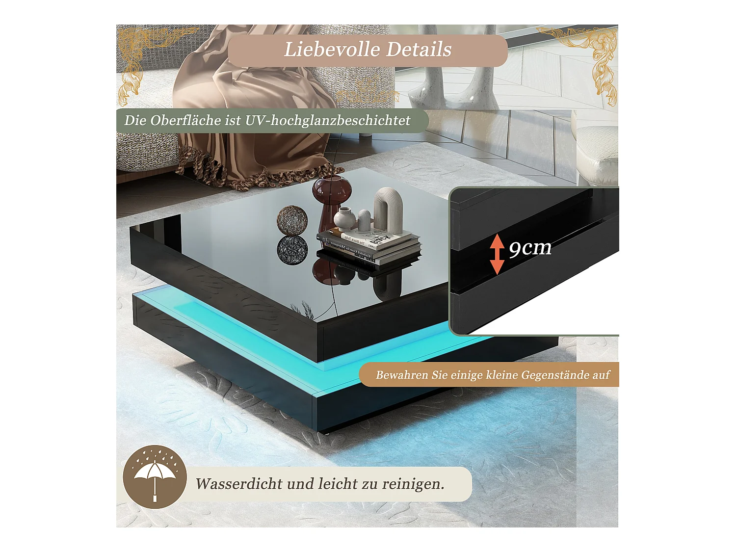 Table basse carrée noire avec éclairage LED 16 couleurs, design moderne et technologique, 70x70x36 cm