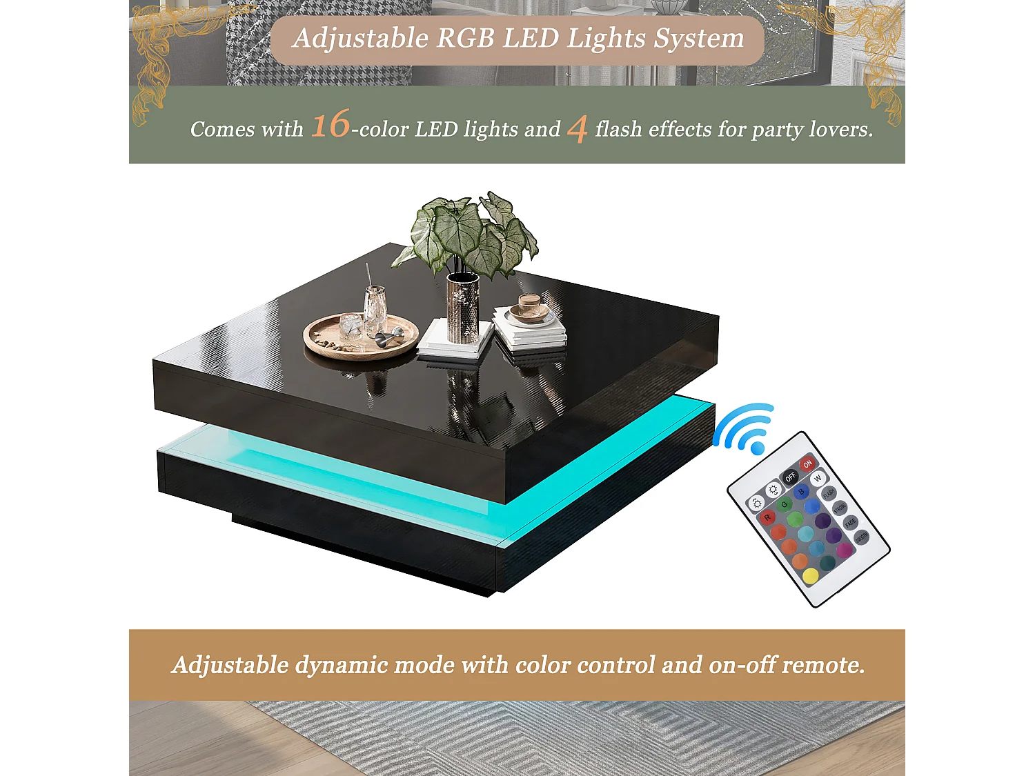 Table basse carrée noire avec éclairage LED 16 couleurs, design moderne et technologique, 70x70x36 cm