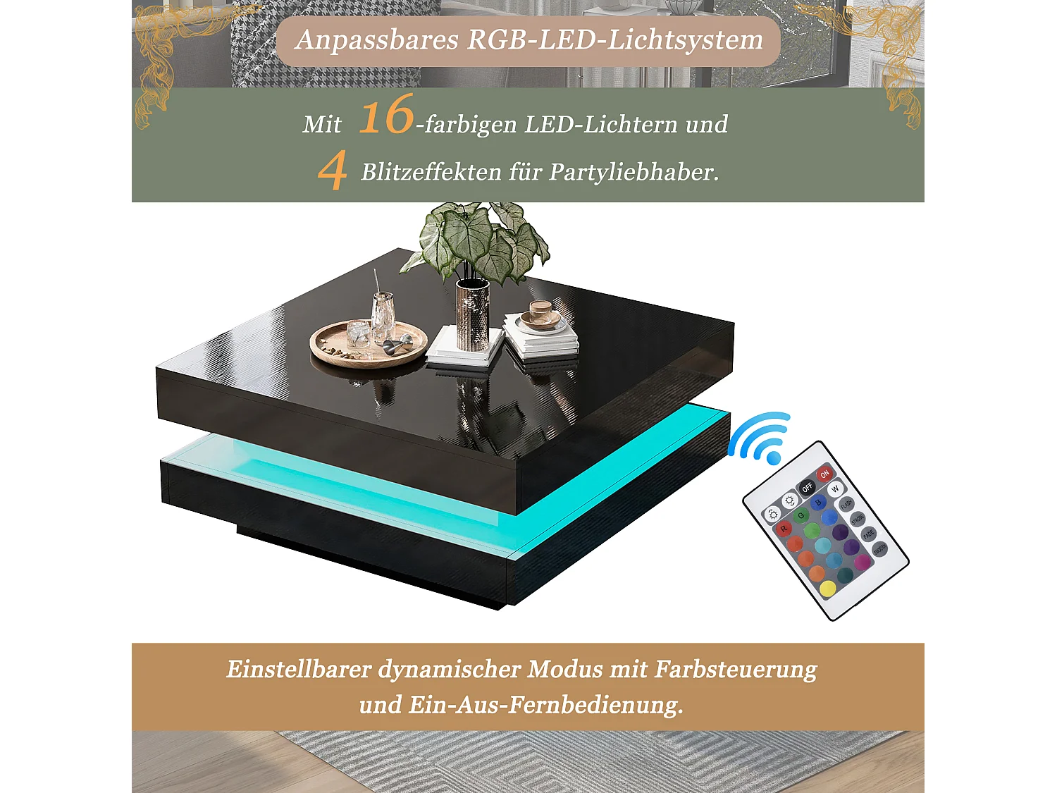 Table basse carrée noire avec éclairage LED 16 couleurs, design moderne et technologique, 70x70x36 cm