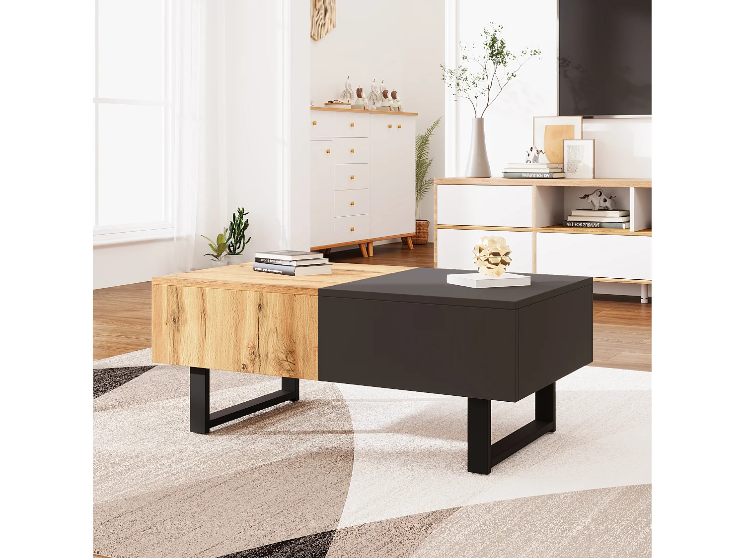 Table Basse Multifonctionnelle Modèle Moderne avec Rangement Caché, Structure en Bois et Métal, Idéale pour Salon ou Bureau,155 x 55 x 40 cm