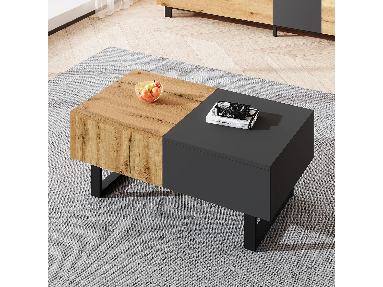 Table Basse Multifonctionnelle Modèle Moderne avec Rangement Caché, Structure en Bois et Métal, Idéale pour Salon ou Bureau,155 x 55 x 40 cm