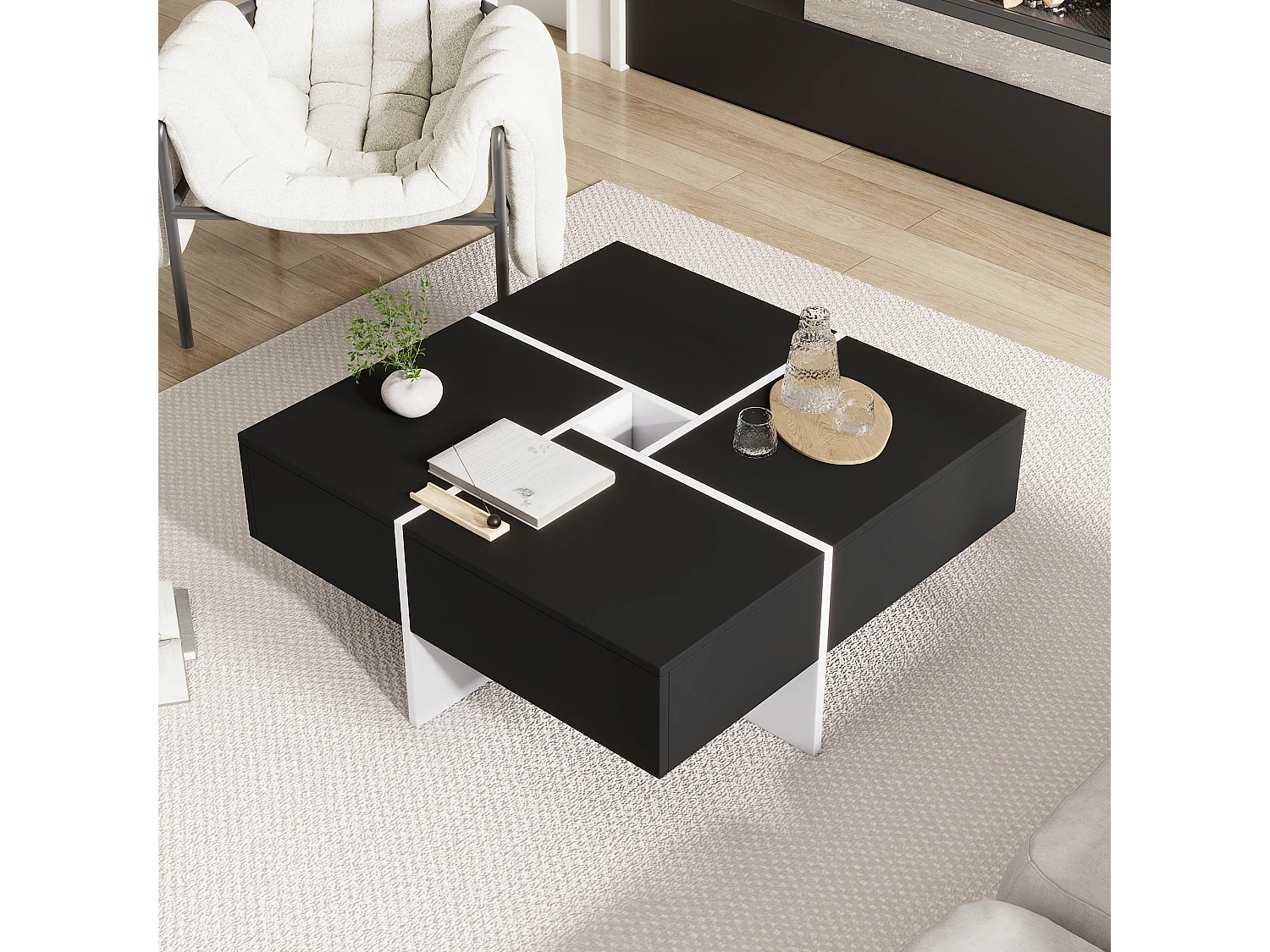 Table basse carrée moderne 70x70x35 cm noire et blanche avec espace de rangement central, capacité jusqu'à 30 kg, table basse carrée noire