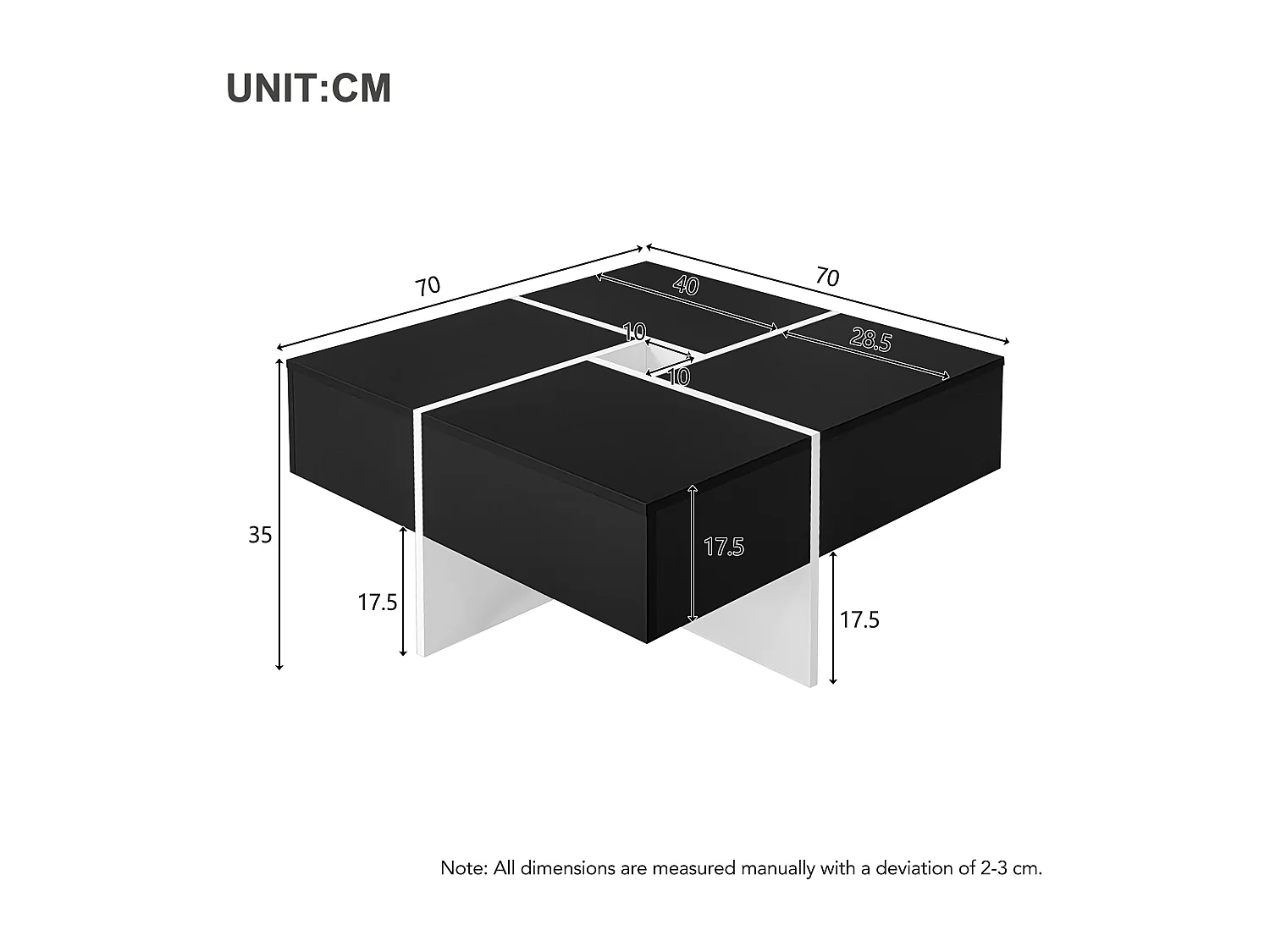 Table basse carrée moderne 70x70x35 cm noire et blanche avec espace de rangement central, capacité jusqu'à 30 kg, table basse carrée noire