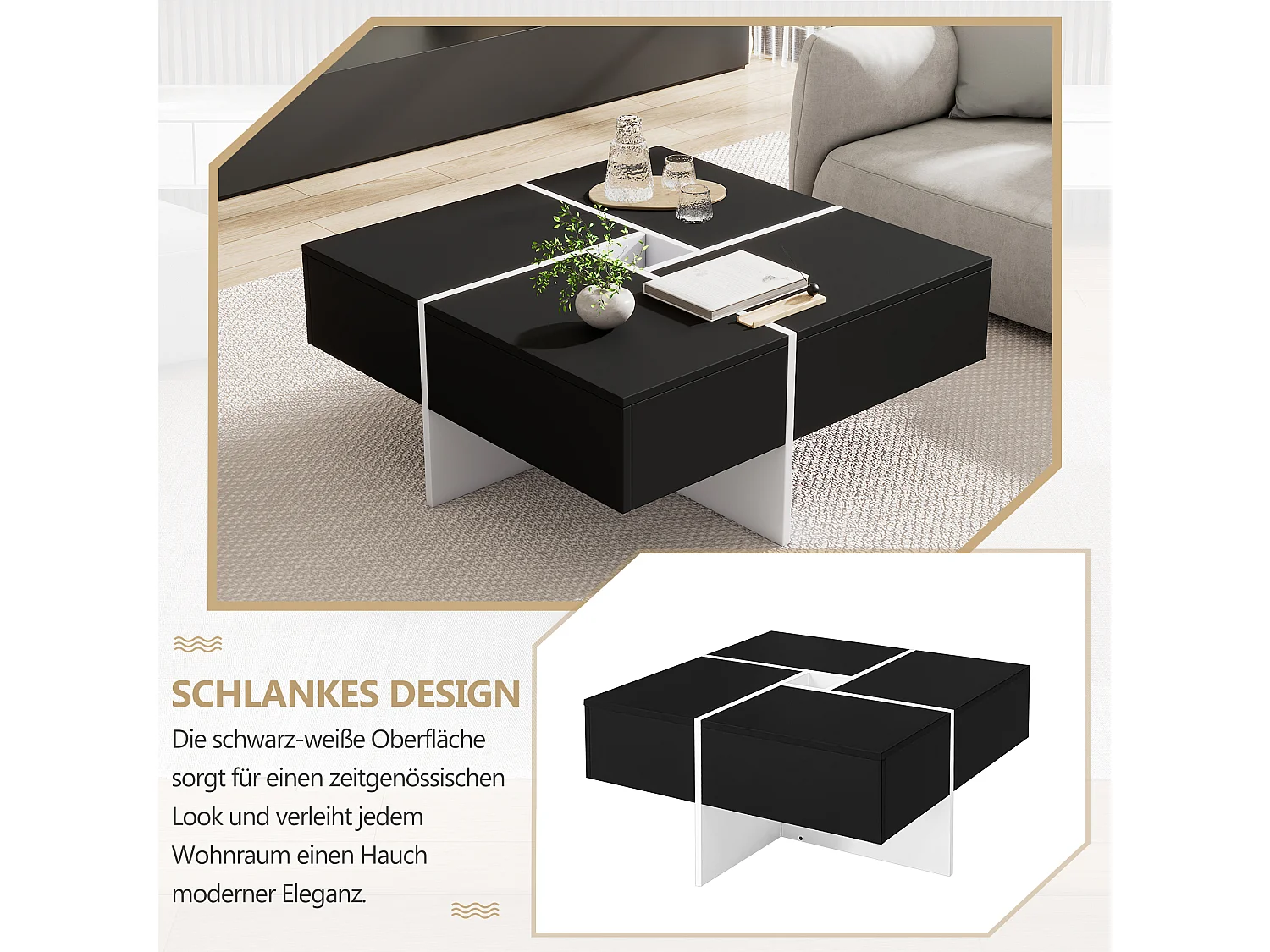 Table basse carrée moderne 70x70x35 cm noire et blanche avec espace de rangement central, capacité jusqu'à 30 kg, table basse carrée noire