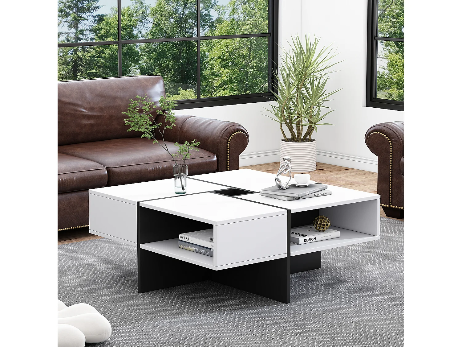 Table basse carrée moderne 70x70x35cm – Design noir et blanc, 5 compartiments ouverts, espace de rangement central 10x10cm, capacité de charge 30kg
