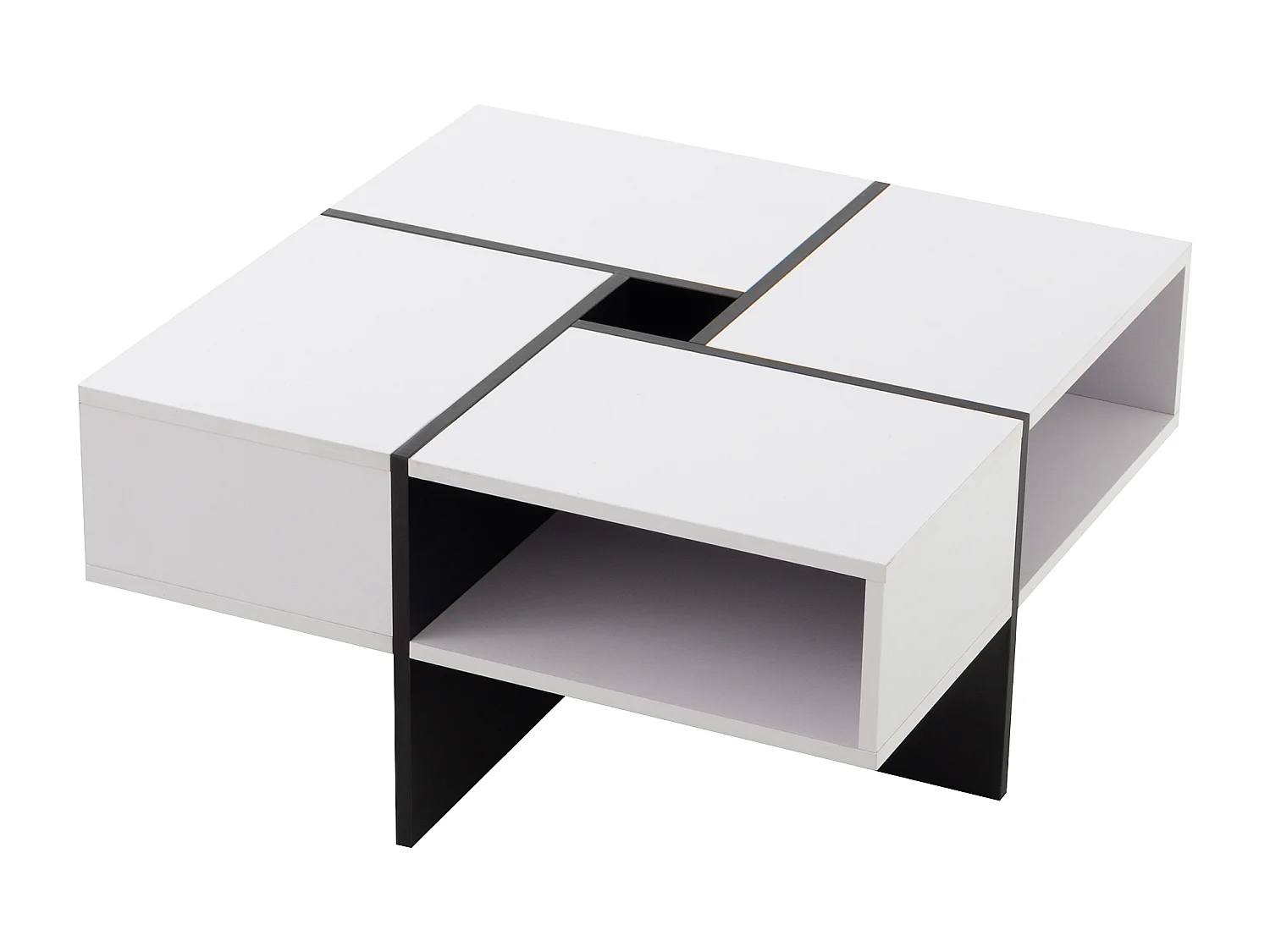 Table basse carrée moderne 70x70x35cm – Design noir et blanc, 5 compartiments ouverts, espace de rangement central 10x10cm, capacité de charge 30kg
