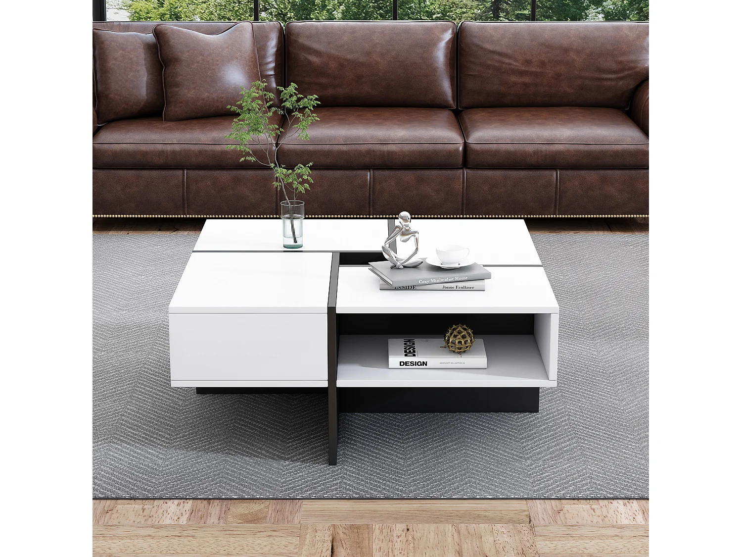 Table basse carrée moderne 70x70x35cm – Design noir et blanc, 5 compartiments ouverts, espace de rangement central 10x10cm, capacité de charge 30kg