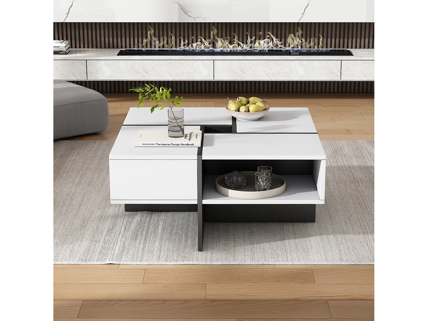 Table basse carrée moderne 70x70x35cm – Design noir et blanc, 5 compartiments ouverts, espace de rangement central 10x10cm, capacité de charge 30kg