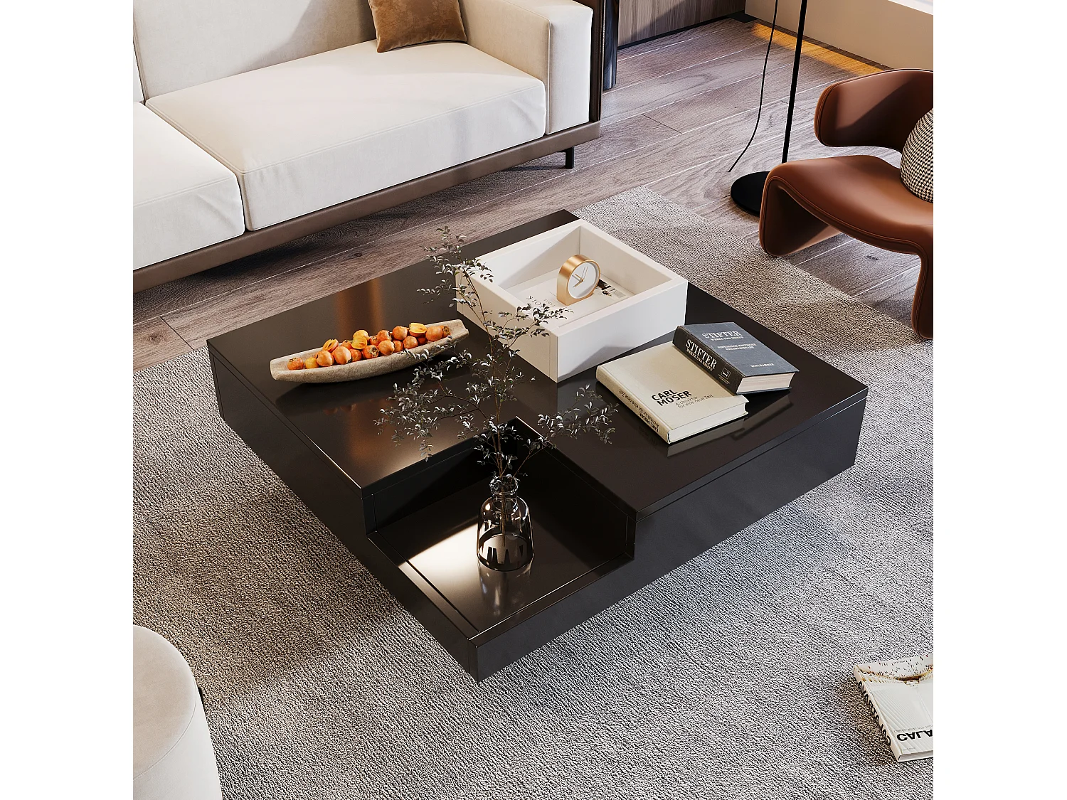 Table basse moderne avec effet lumineux LED, table d'appoint à tiroir amovible, design bi-color blanc et noir, 72x72x30 cm