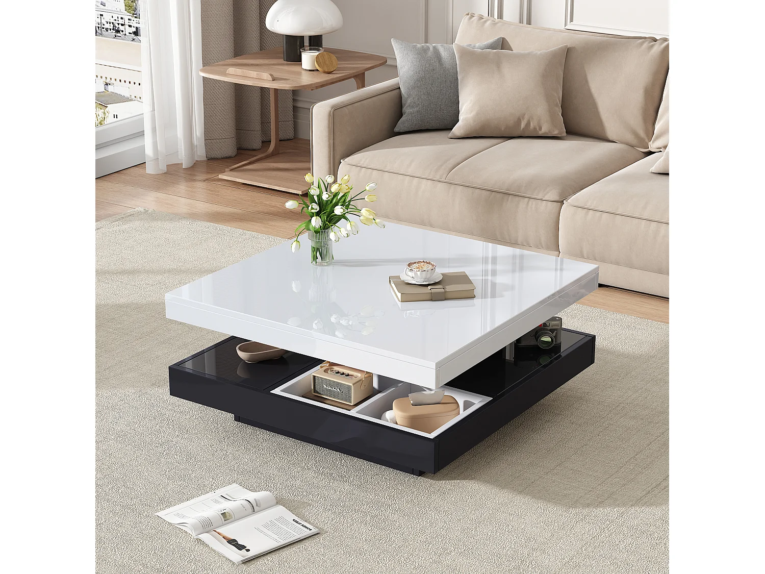Table Basse Fonctionnelle à Plateau Haut Brillant, Table Basse Rotative 360° à 2 Niveaux avec Espace de Rangement, Noire–70x70x36 cm