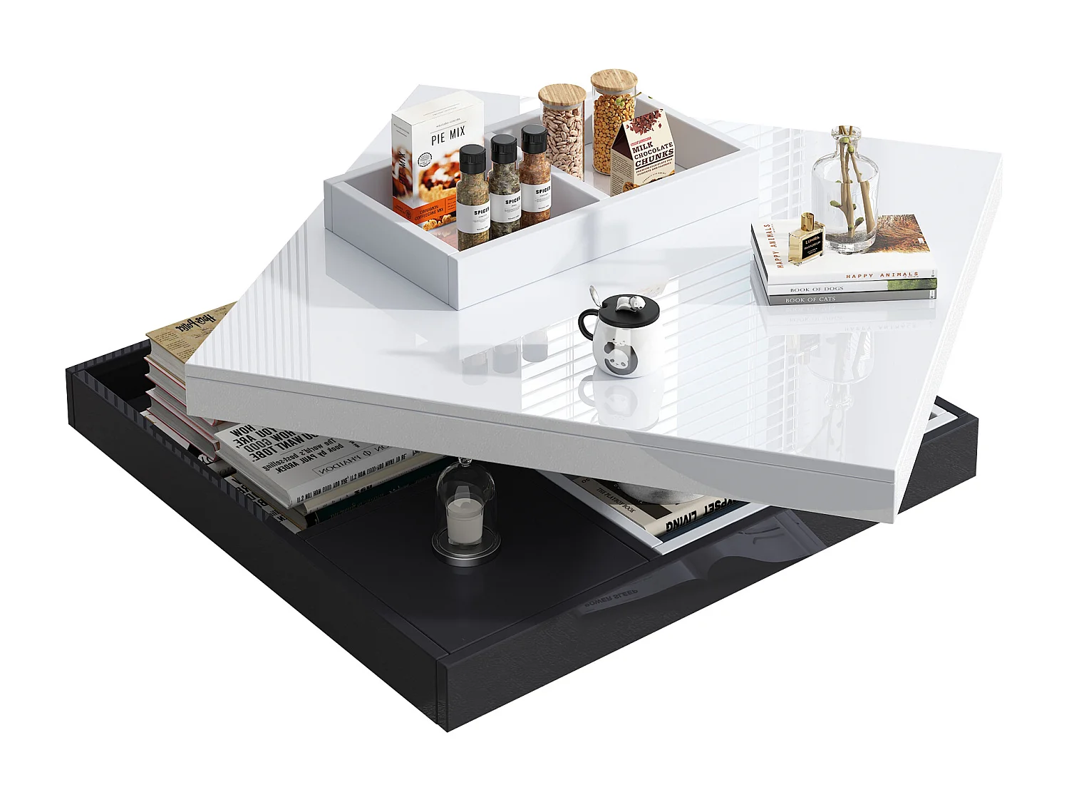 Table Basse Fonctionnelle à Plateau Haut Brillant, Table Basse Rotative 360° à 2 Niveaux avec Espace de Rangement, Noire–70x70x36 cm