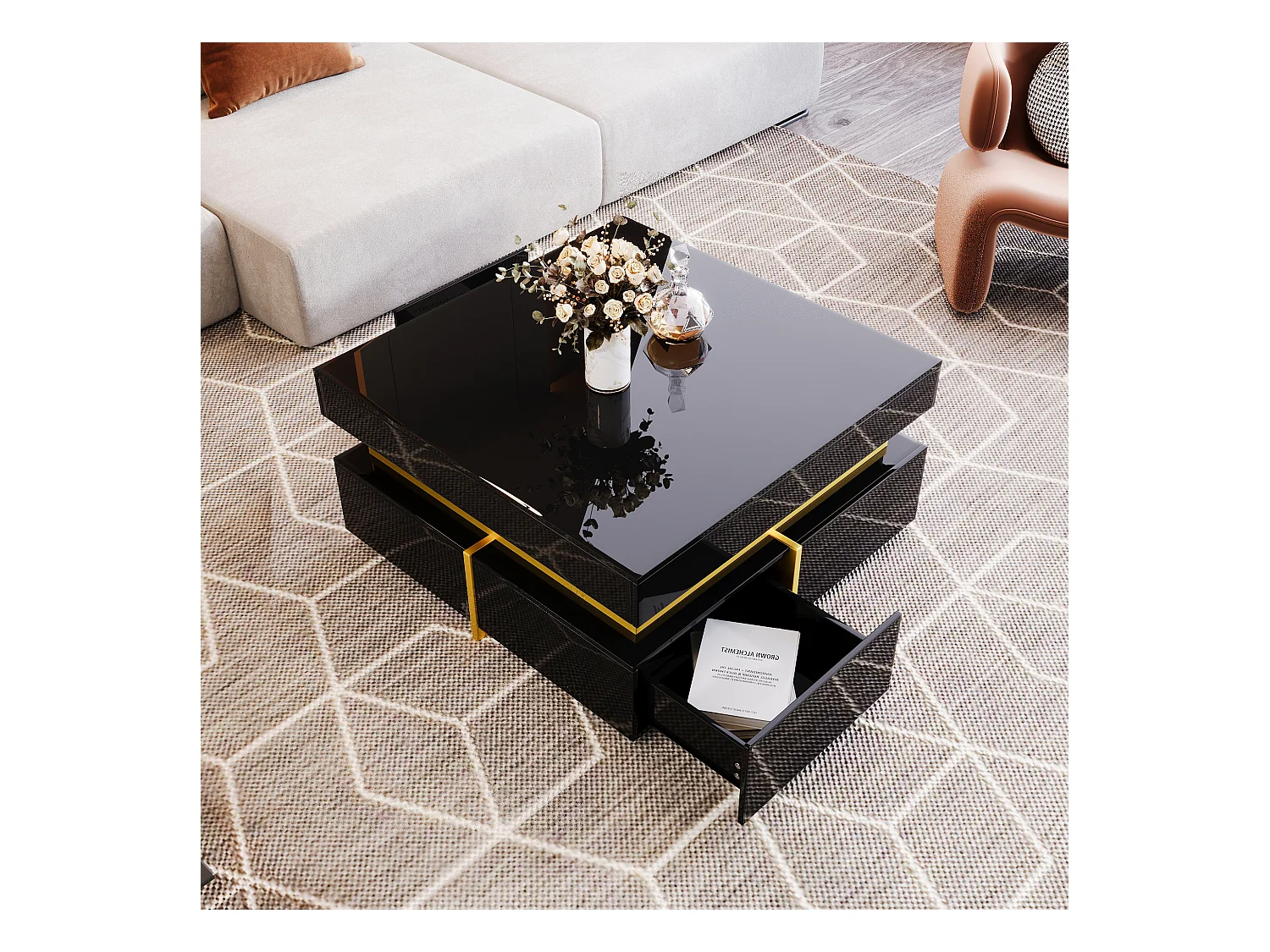 Table Basse Hautement Brillante avec Accents Dorés, Table de Salon avec Deux Tiroirs – Design Élégant et Pratique