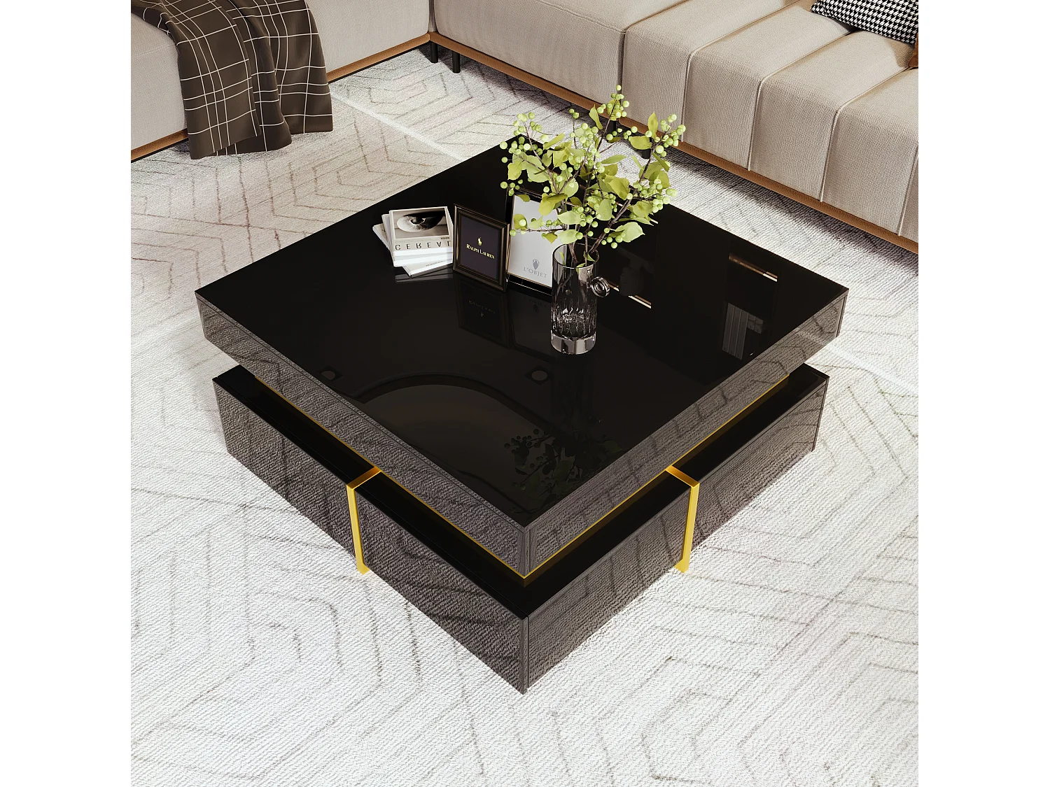 Table Basse Hautement Brillante avec Accents Dorés, Table de Salon avec Deux Tiroirs – Design Élégant et Pratique