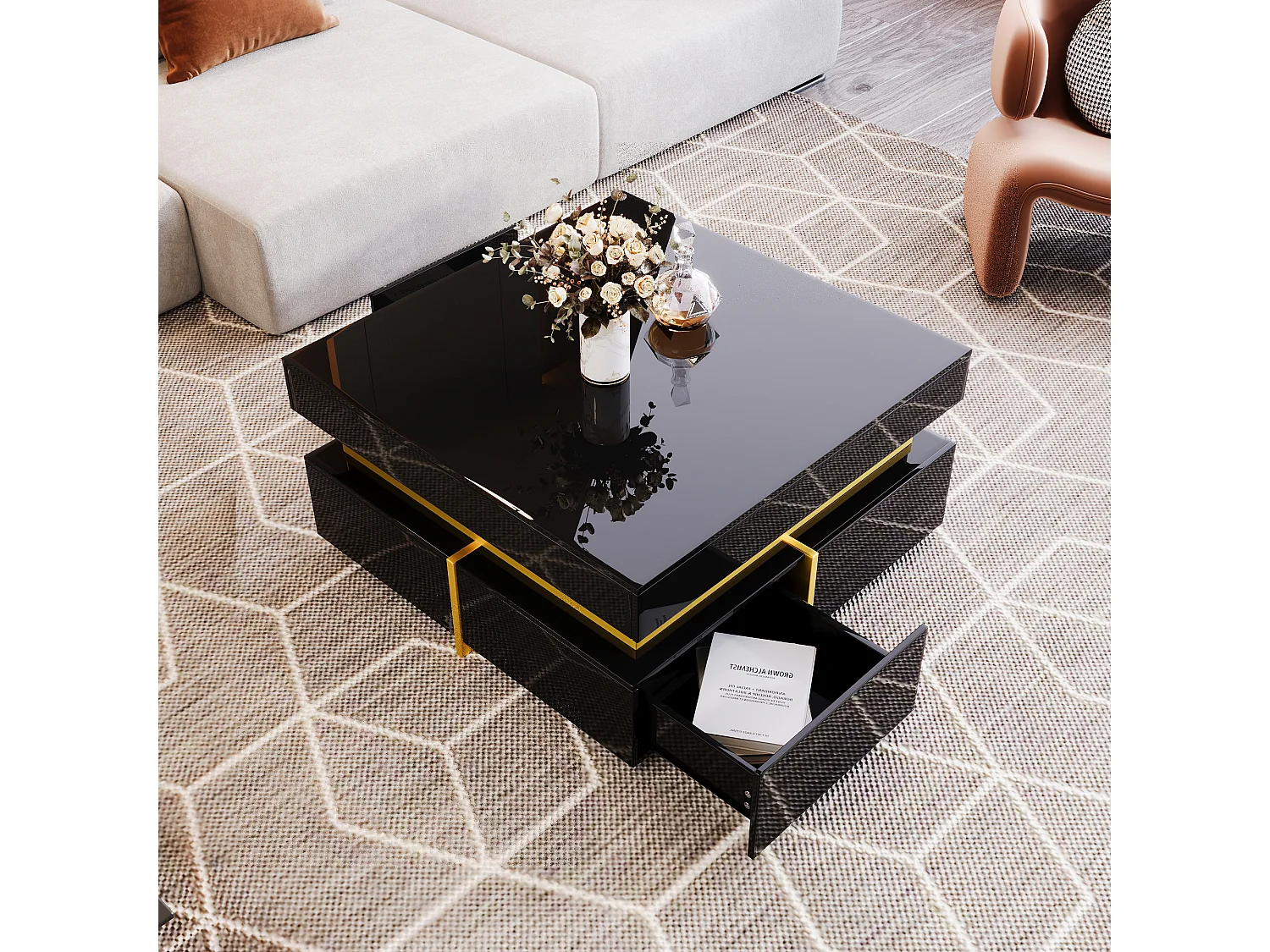 Table Basse Hautement Brillante avec Accents Dorés, Table de Salon avec Deux Tiroirs – Design Élégant et Pratique